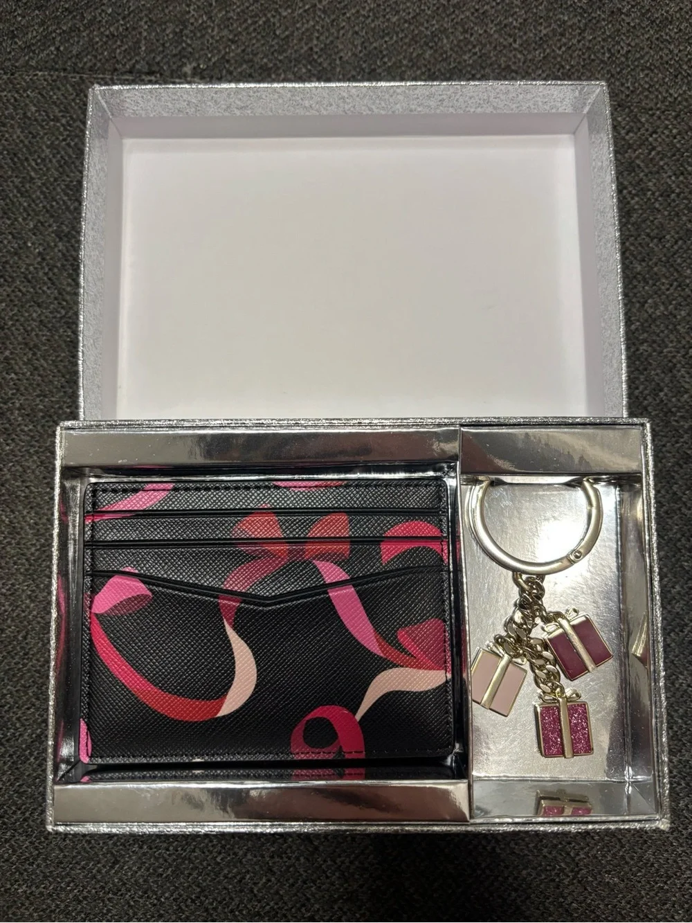 kate spade Black Multi Swirl Cardholder with Lipstick Charm Keyring